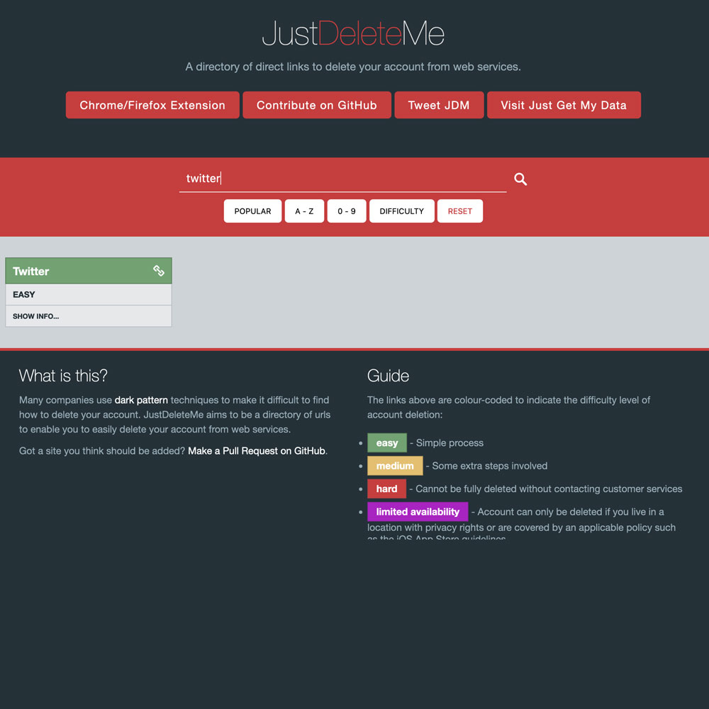 Just Deleted Me, Delete Your Accounts online Select an account 2